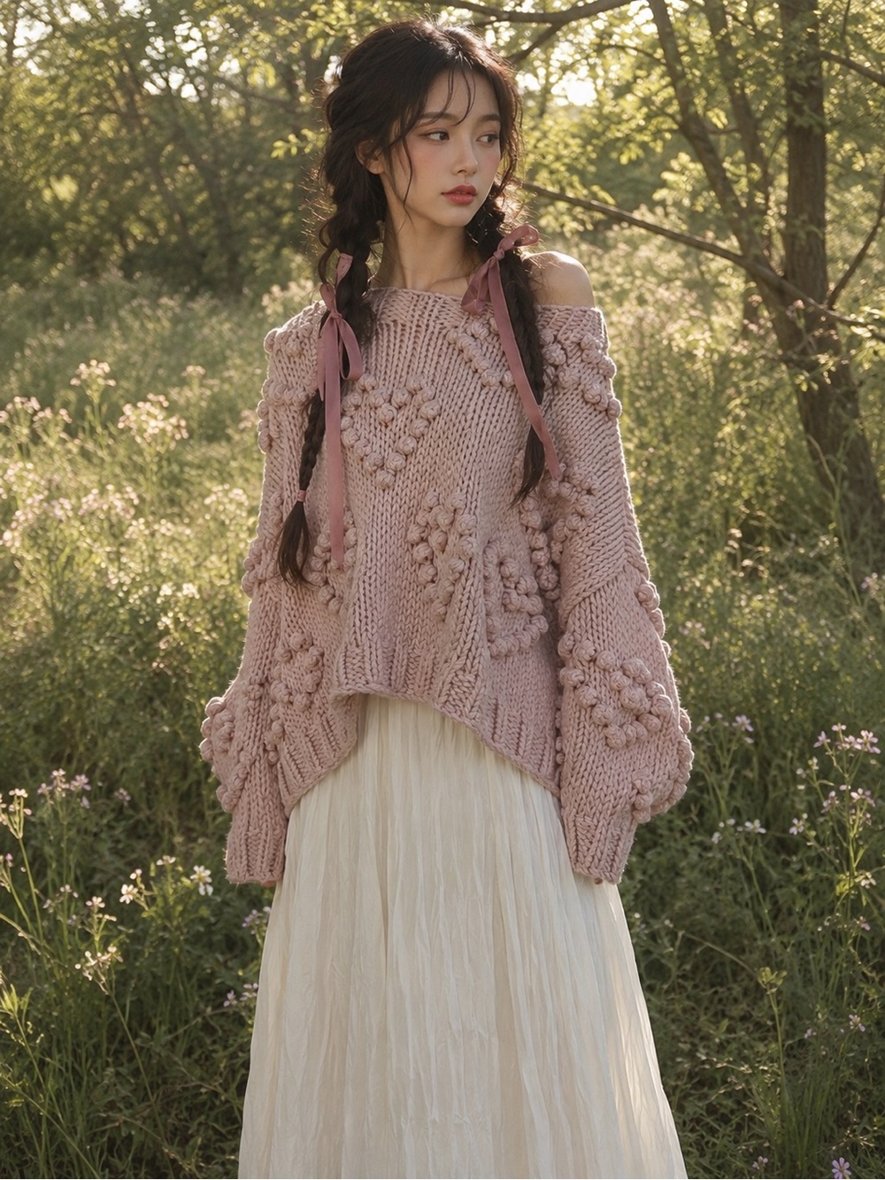 Daydreams & Heartstrings mauve slouchy chunky heart Pom oversized sweater M/L